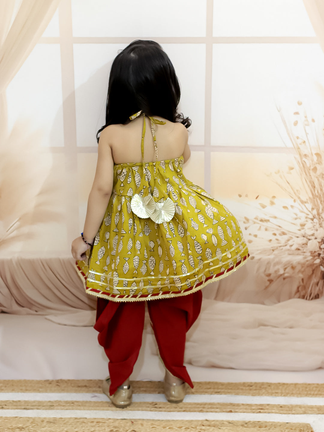 BownBee Girls Halter Neck Pure Cotton Fish Print Kurti with Harem - Yellow