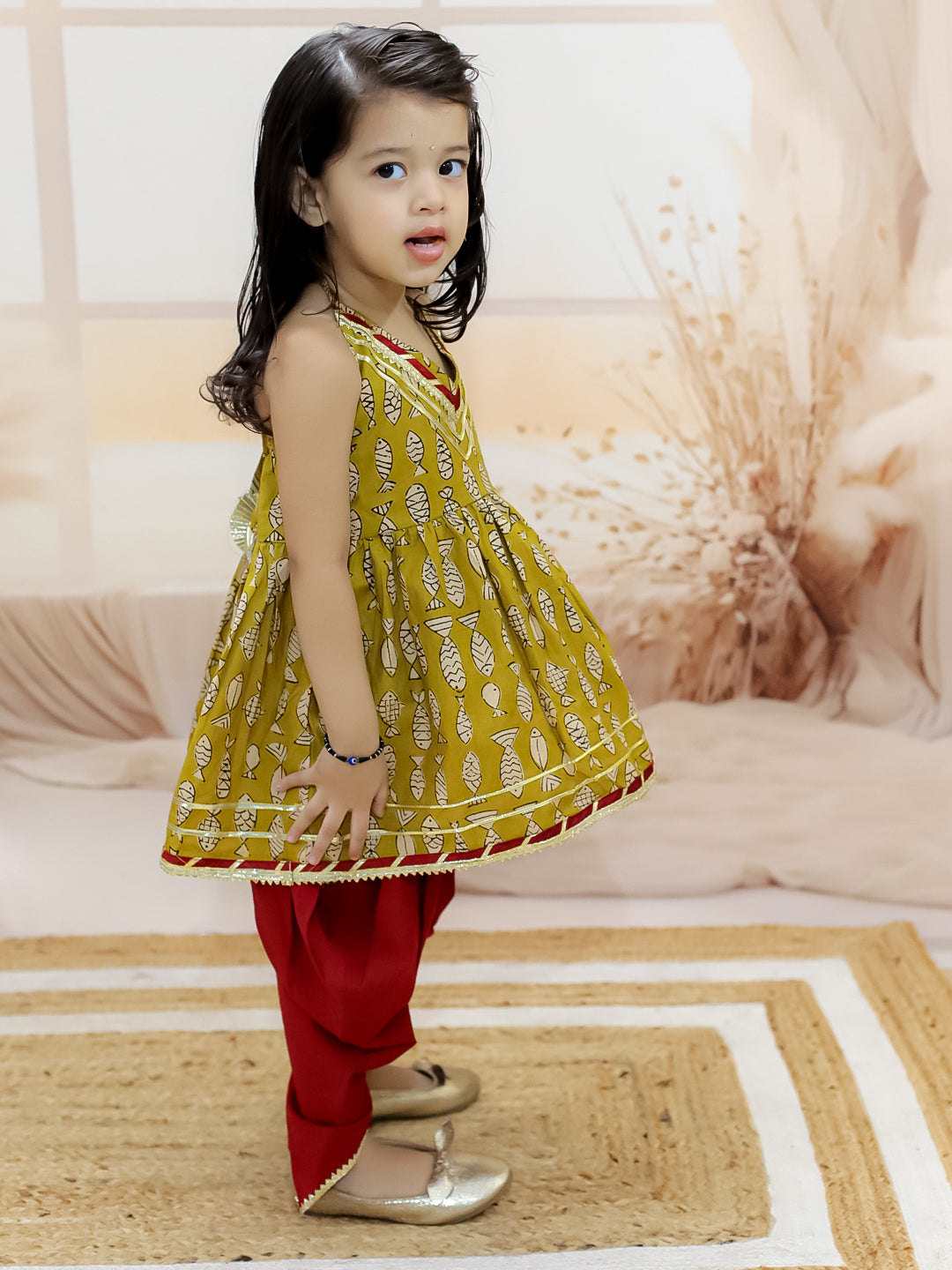 BownBee Girls Halter Neck Pure Cotton Fish Print Kurti with Harem - Yellow
