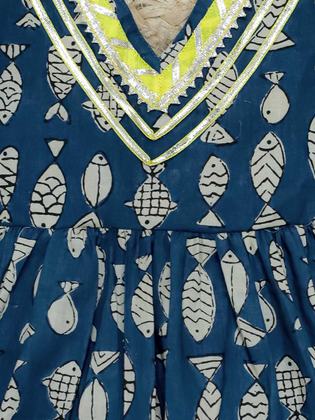 BownBee Sibling Set Fish Print Pure Cotton Kurta Pajama with Halter Neck Top Dhoti- Blue