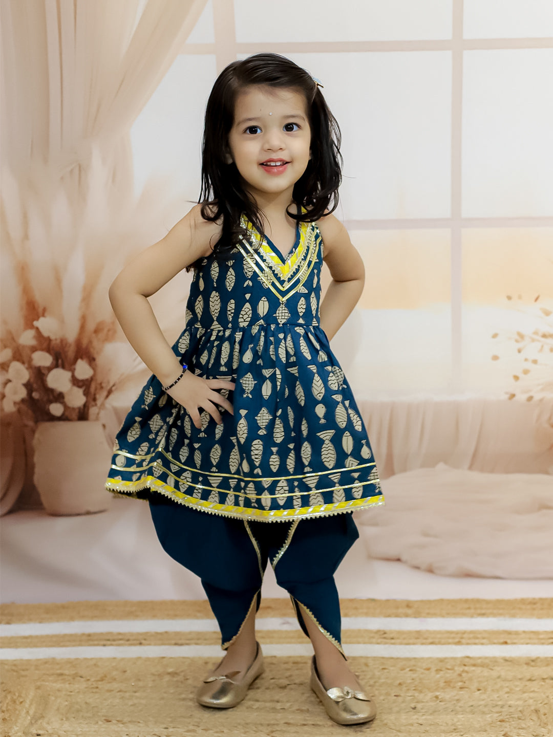 BownBee Sibling Set Fish Print Pure Cotton Kurta Pajama with Halter Neck Top Dhoti- Blue