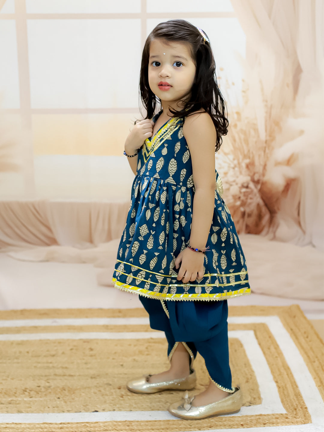 BownBee Sibling Set Fish Print Pure Cotton Kurta Pajama with Halter Neck Top Dhoti- Blue