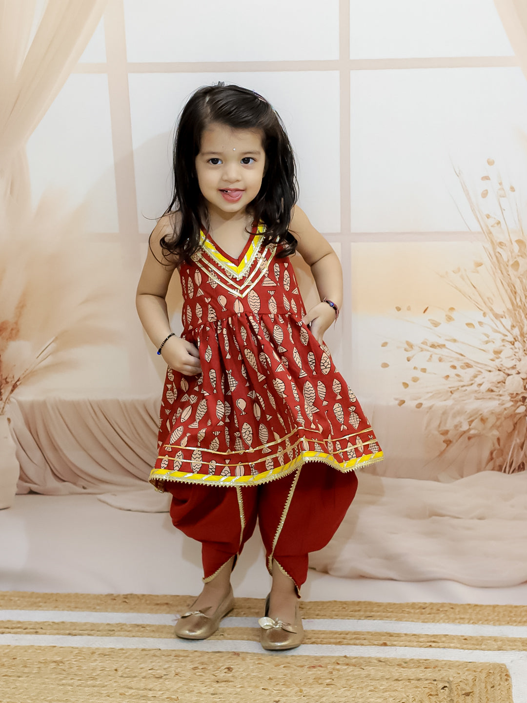 BownBee Sibling Set Fish Print Pure Cotton Kurta Pajama with Halter Neck Top Dhoti- Maroon