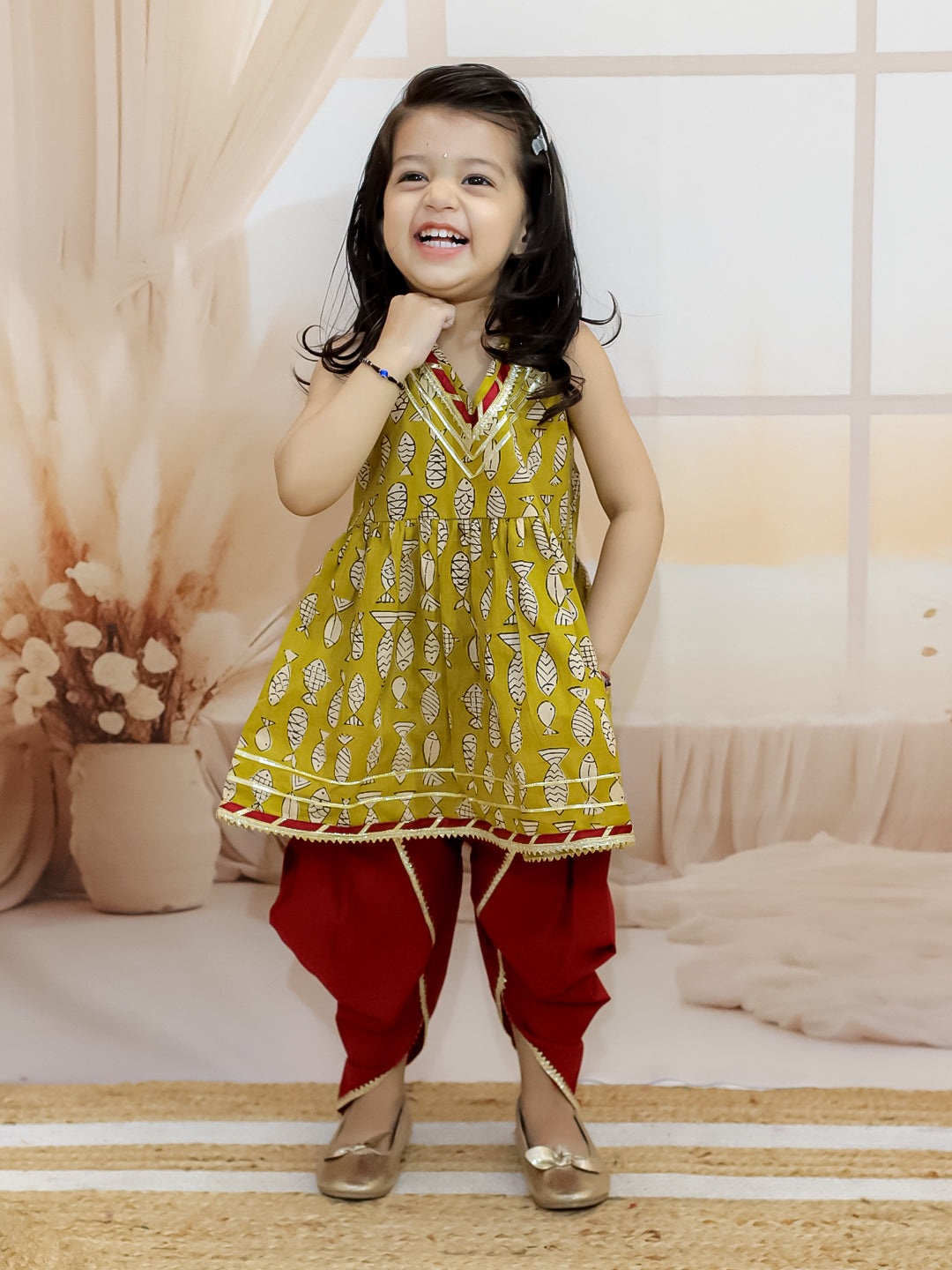 BownBee Sibling Set Fish Print Pure Cotton Kurta Pajama with Halter Neck Top Dhoti- Yellow