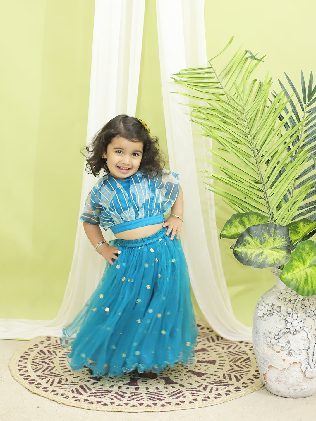 BownBee Assymetric Kurta Pajama with Jacquard Jacket for Boys and Organza Cape Top with Sequined Net Lehenga for Girls- Blue