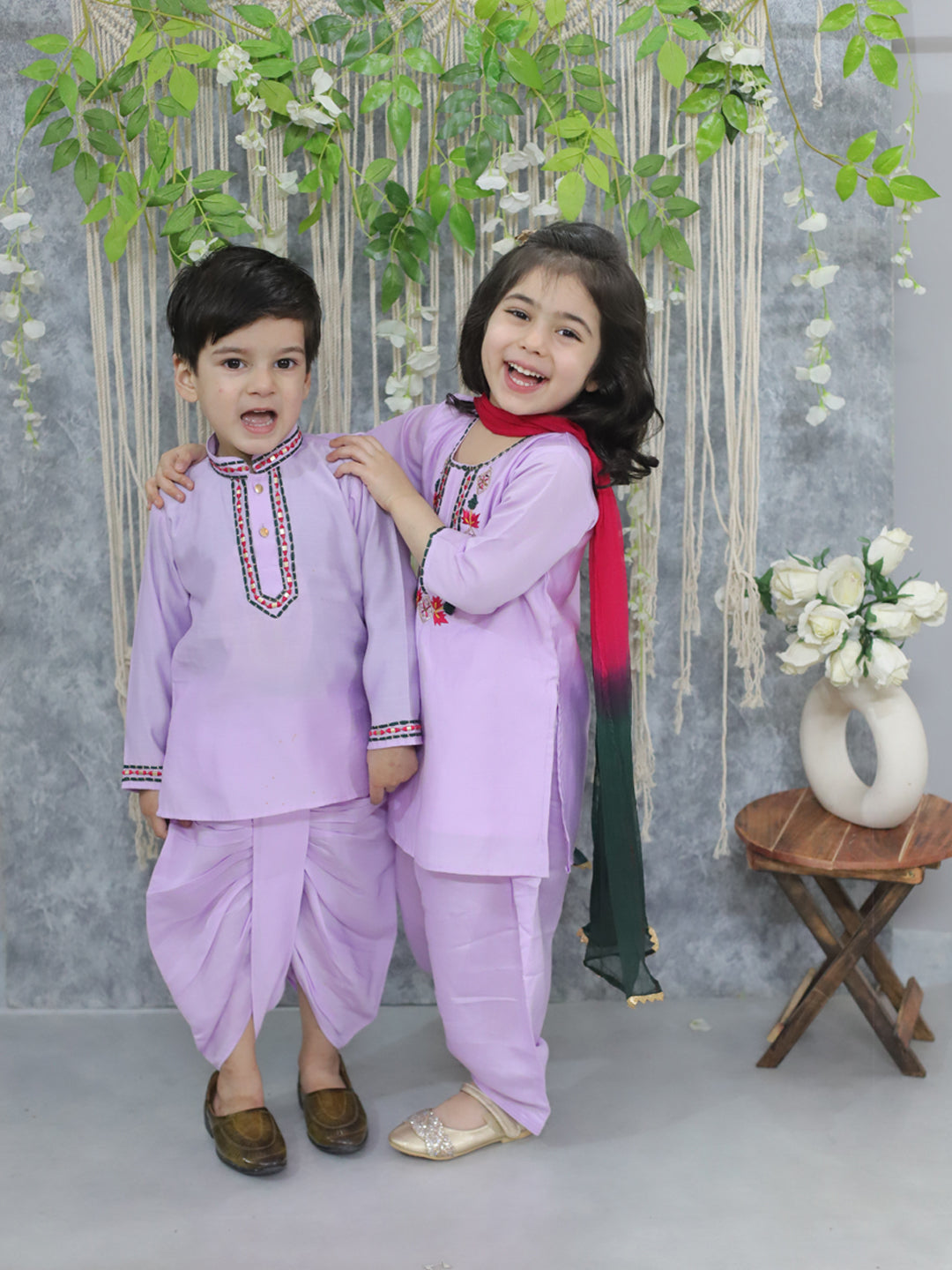 BownBee Embroidered Full Sleeve Dhoti Kurta & Salwaar Suit with Dupatta Sibling Set- White