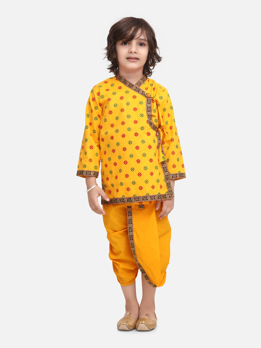 BownBee Full Sleeves Motif Design Kurta With Dhoti - Yellow