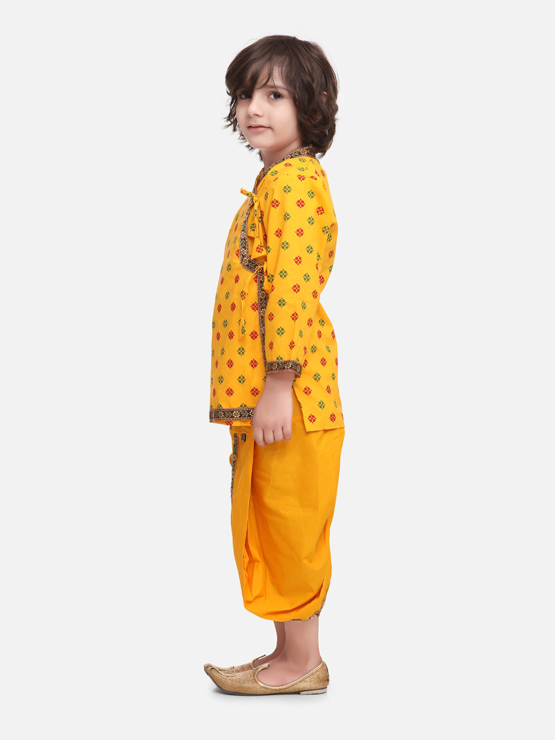BownBee Full Sleeves Motif Design Kurta With Dhoti - Yellow