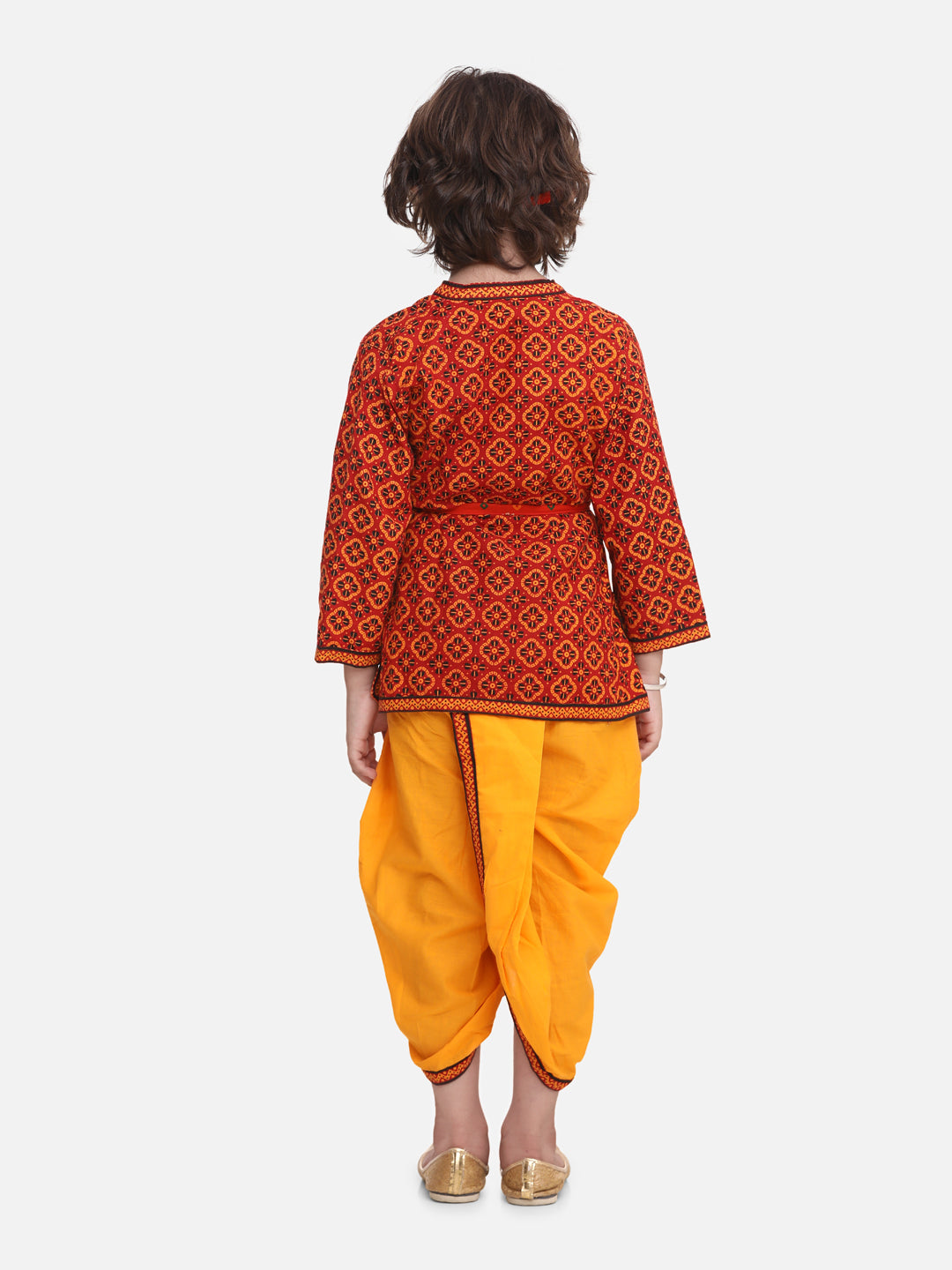 BownBee Full Sleeves Kanhaiya Style Kurta With Dhoti - Red Yellow