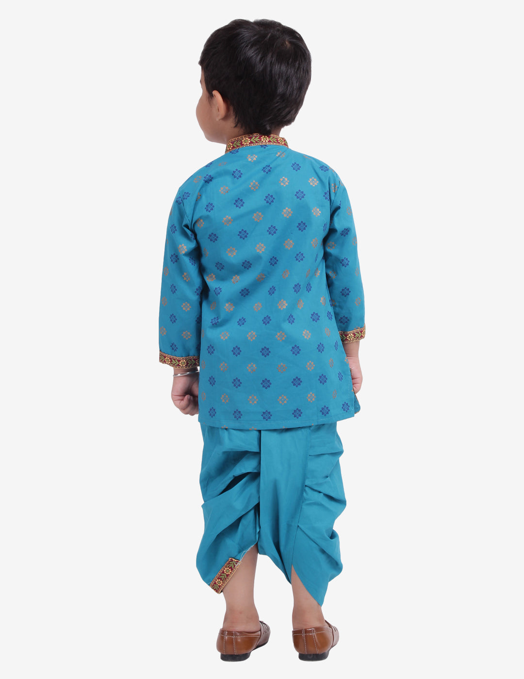 BownBee Full Sleeves Butti Printed Angrakha Kurta & Dhoti Set - Firozi Blue