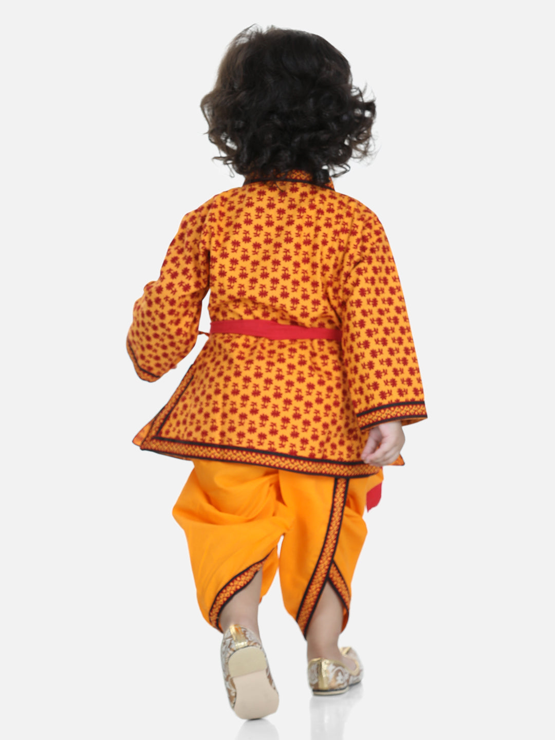 BownBee Full Sleeves Motif Print Kurta With Dhoti Band With Basuri Mukut - Yellow