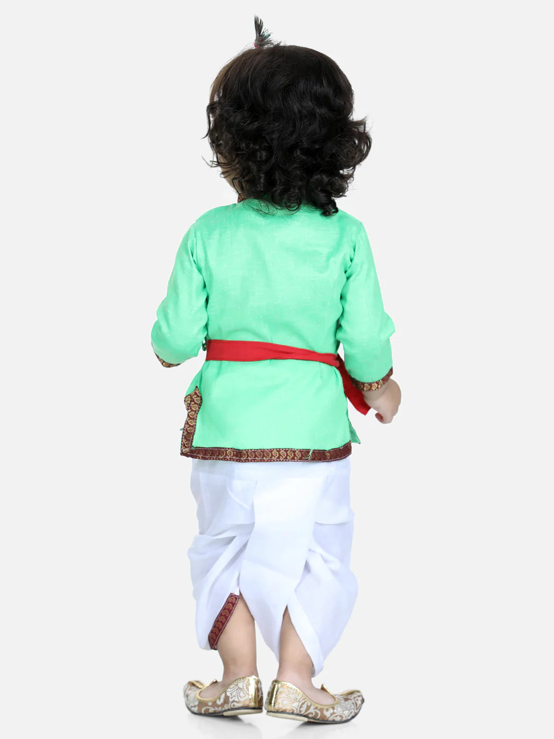 BownBee Full Sleeves Peacock Feather Embroidered Kurta With Dhoti & Basuri With Mukut & Band