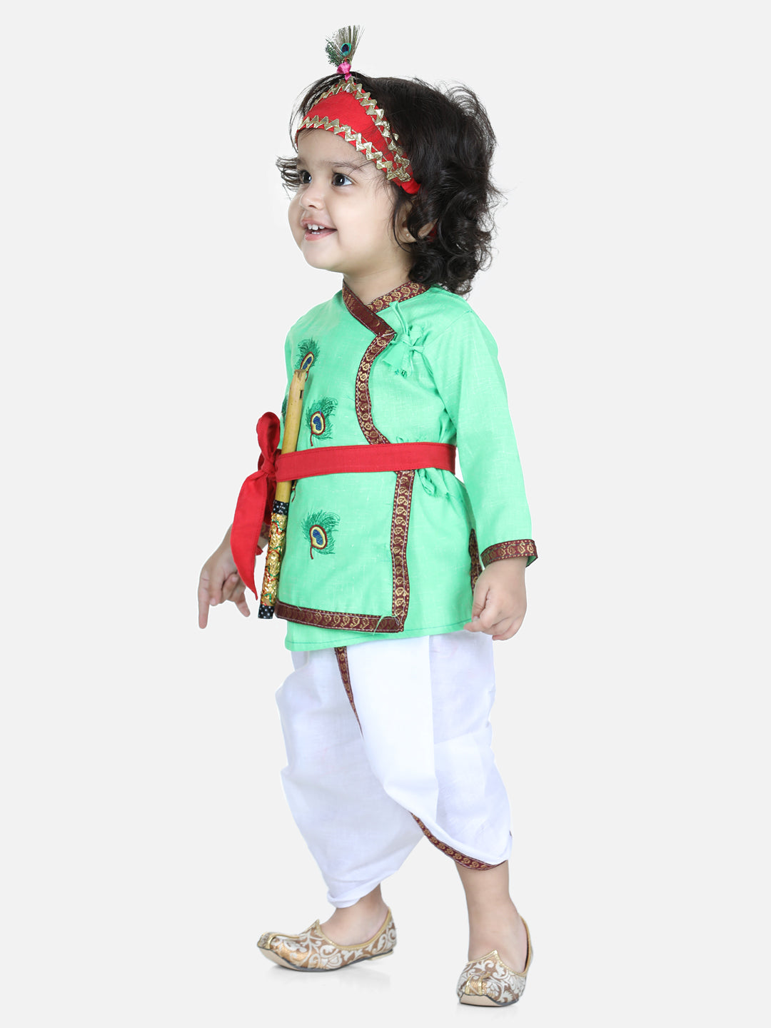 BownBee Full Sleeves Peacock Feather Embroidered Kurta With Dhoti & Basuri With Mukut & Band - Green