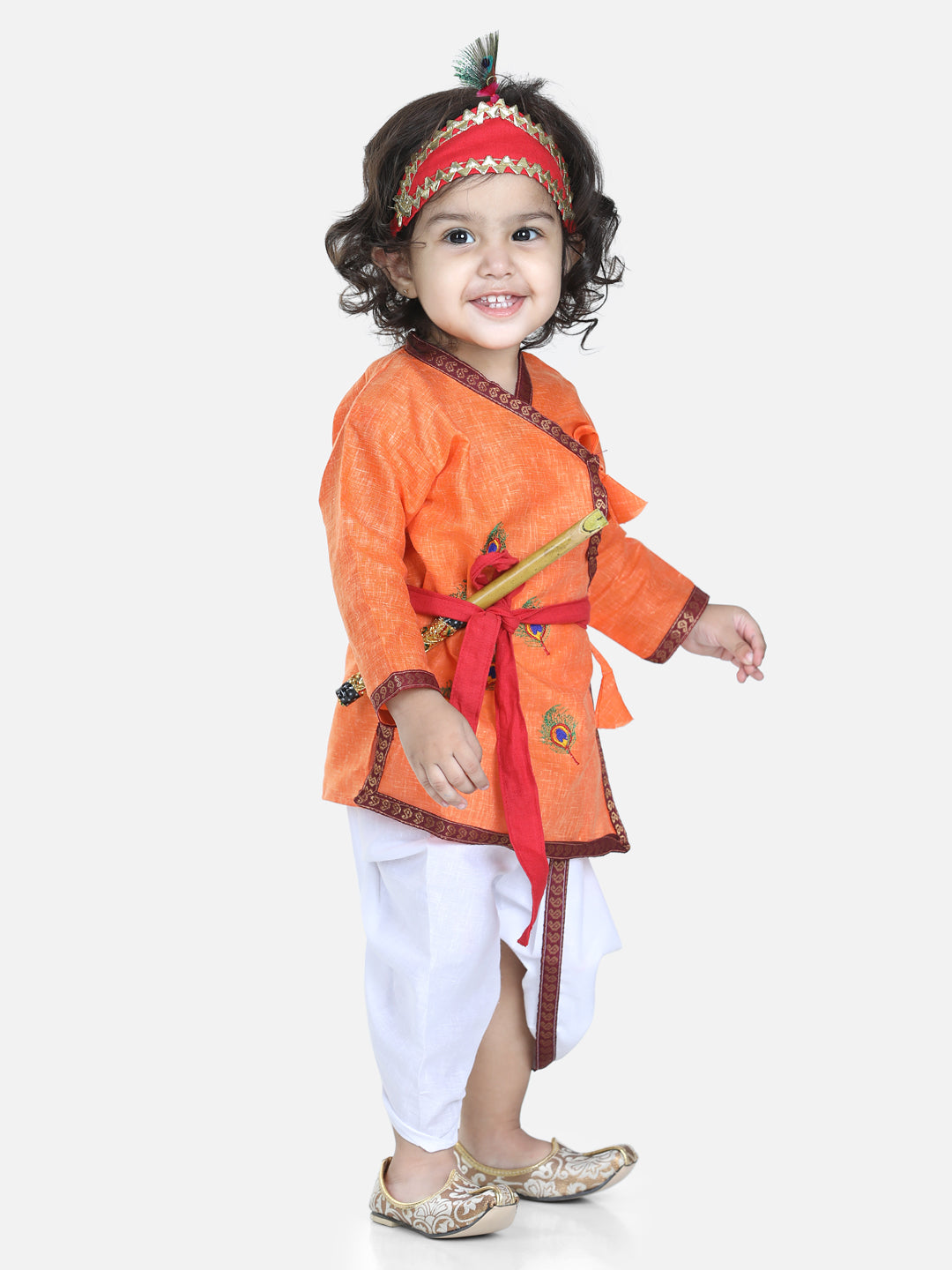 BownBee Full Sleeves Peacock Embroidered Kurta With Dhoti  & Basuri With Mukut & Band - Orange