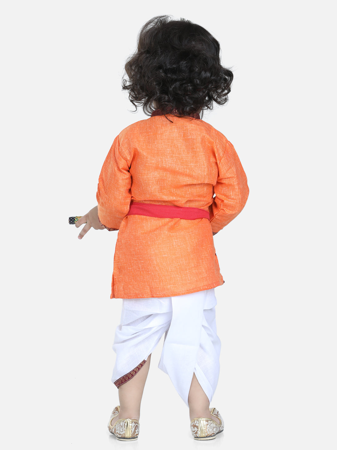 BownBee Full Sleeves Peacock Embroidered Kurta With Dhoti  & Basuri With Mukut & Band - Orange