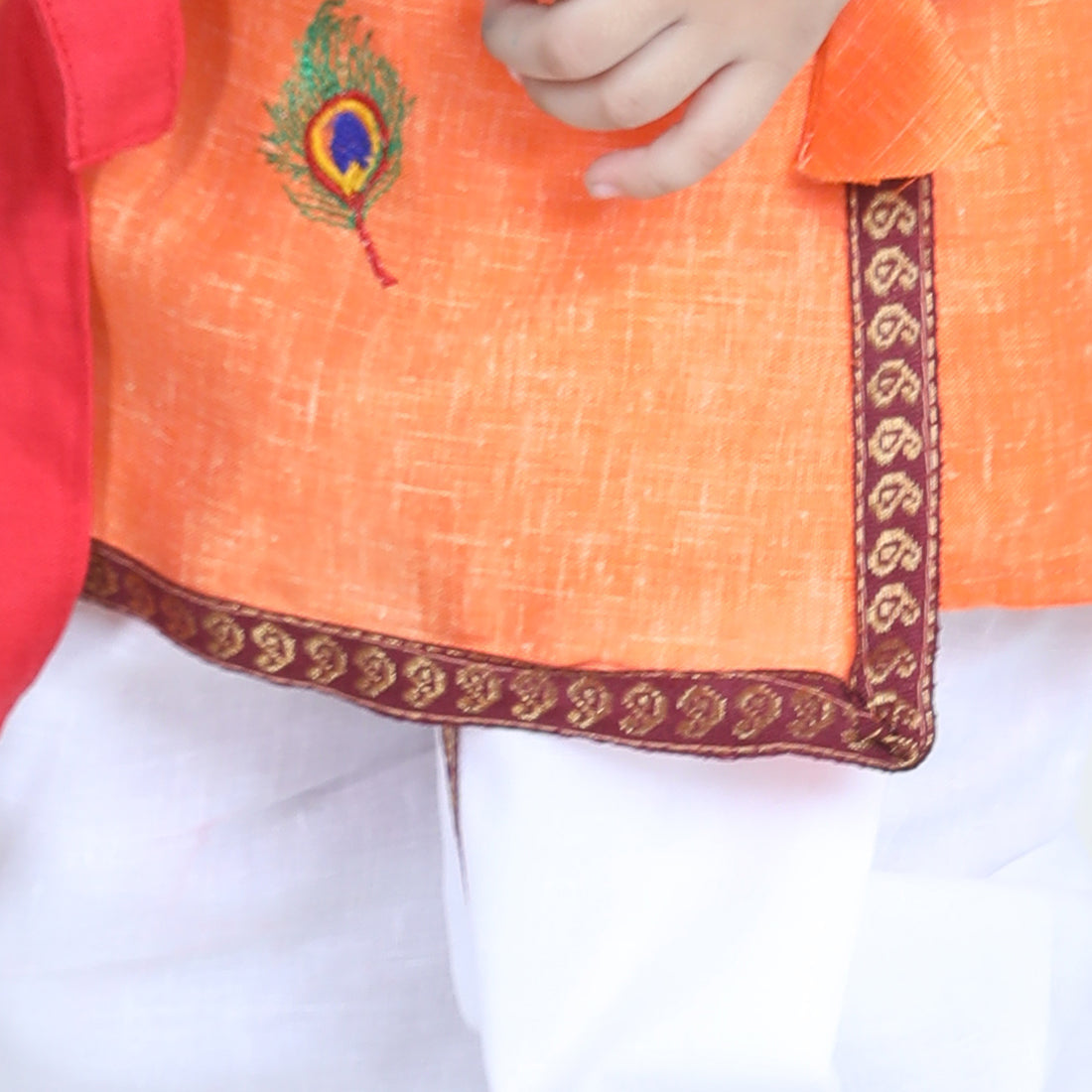 BownBee Full Sleeves Peacock Embroidered Kurta With Dhoti  & Basuri With Mukut & Band - Orange