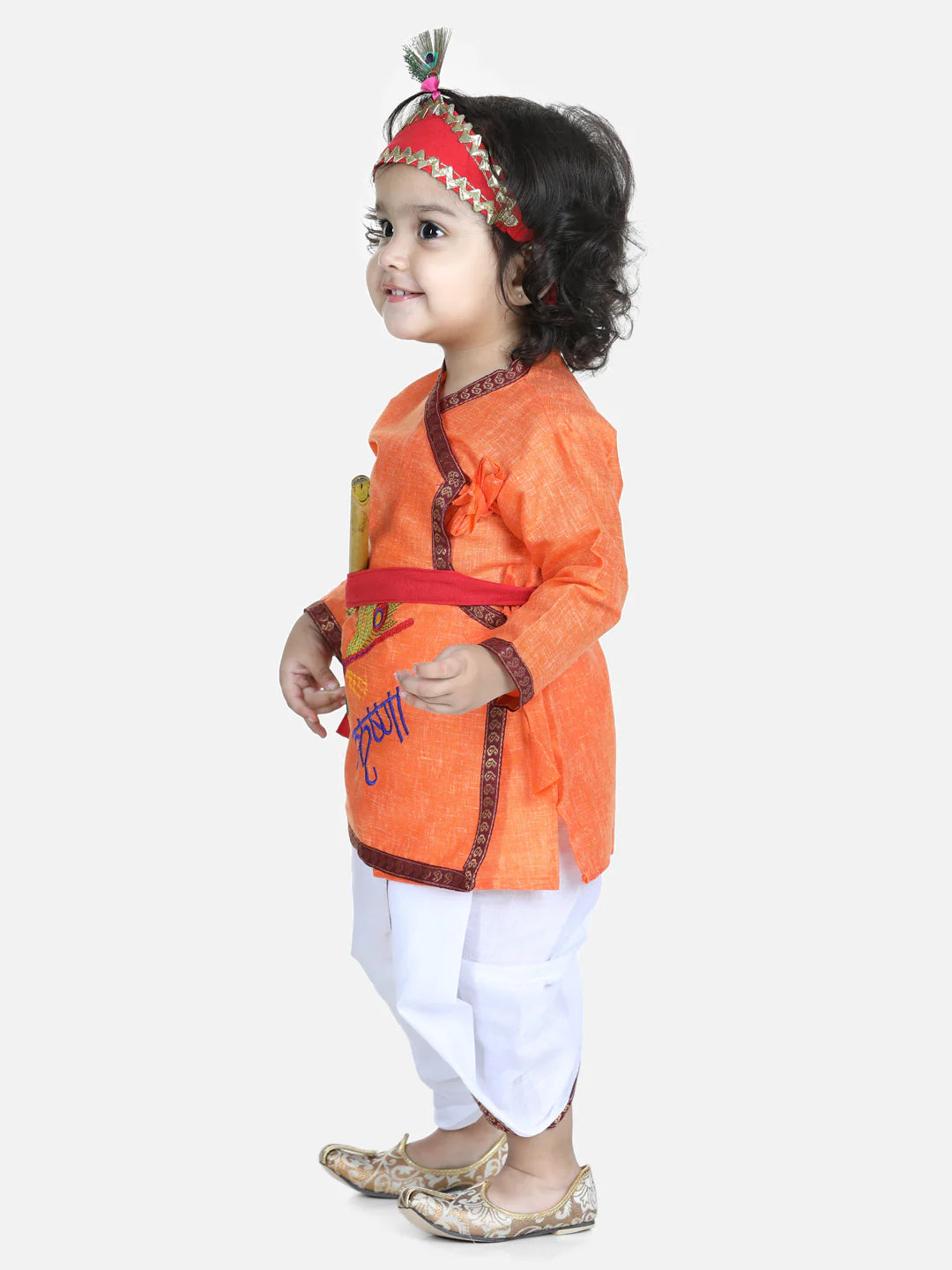 BownBee Full Sleeves Krishna Embroidered Kurta With Dhoti & Mukut With Basuri & Band