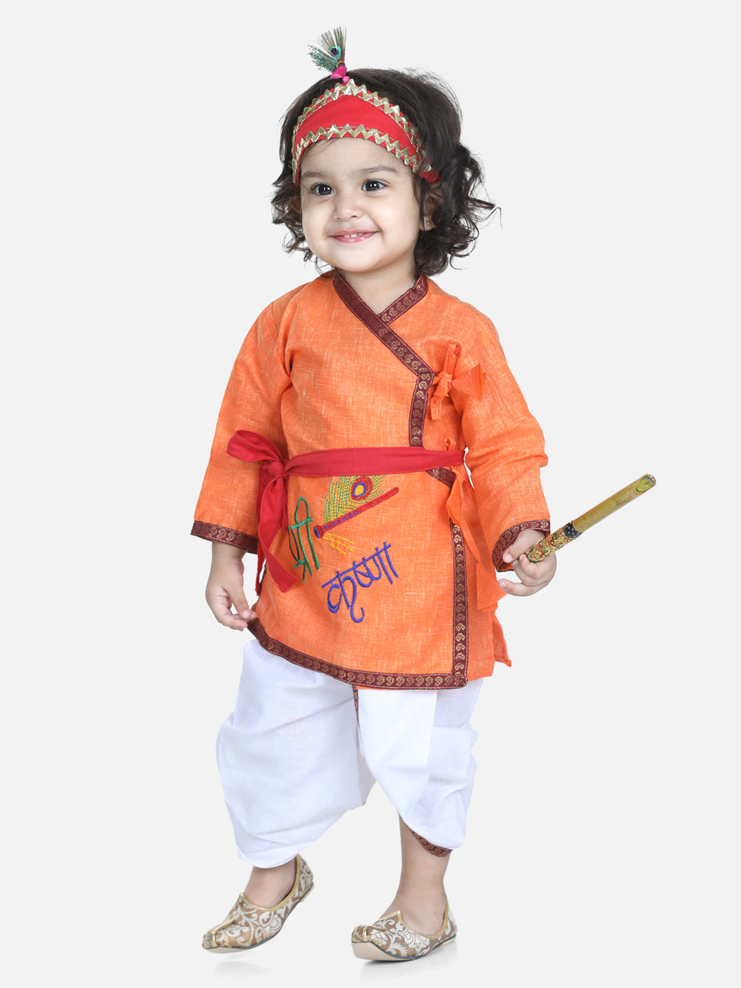 BownBee Full Sleeves Krishna Embroidered Kurta With Dhoti & Mukut With Basuri & Band - Orange