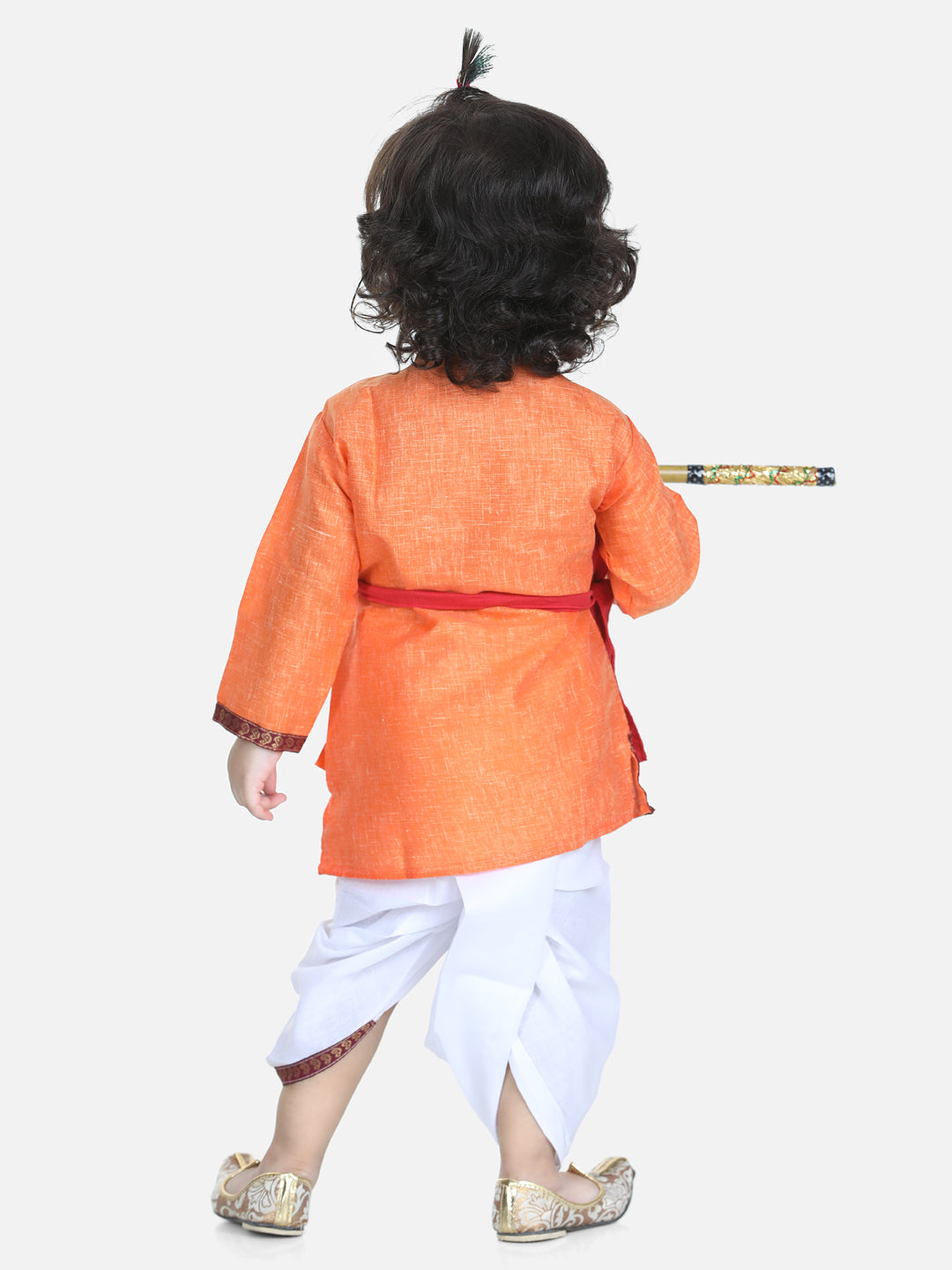 BownBee Full Sleeves Krishna Embroidered Kurta With Dhoti & Mukut With Basuri & Band - Orange