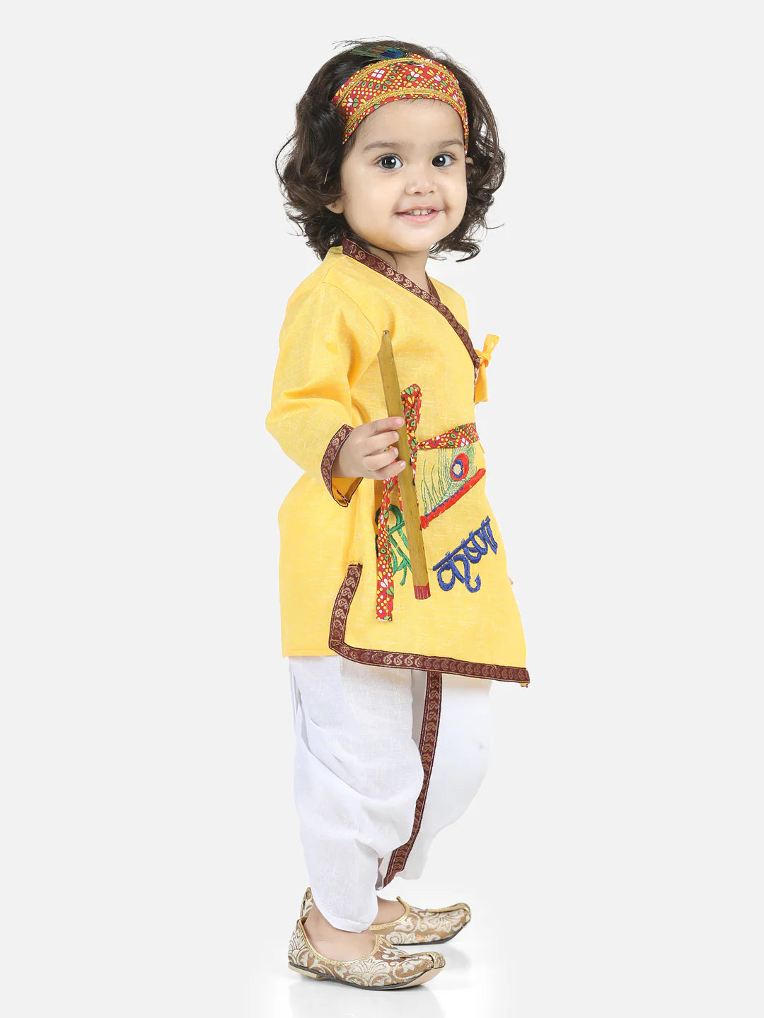 BownBee Full Sleeves Krishna Embroidery Detailing Kurta With Dhoti & Bansuri Mukut With Belt