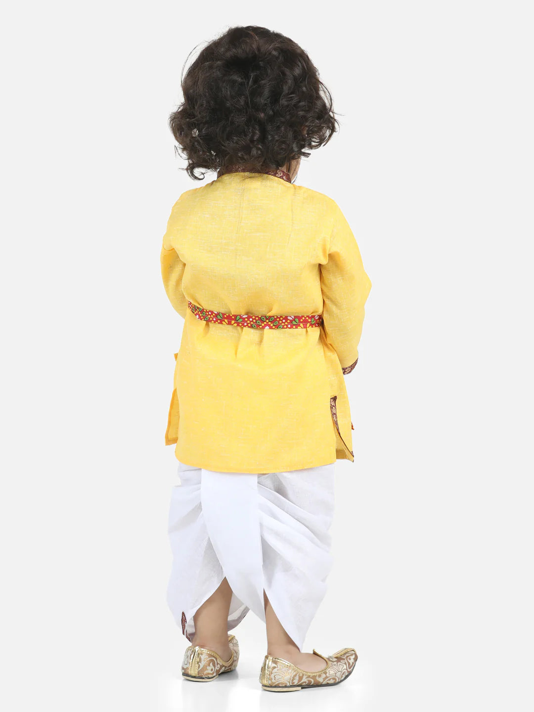 BownBee Full Sleeves Krishna Embroidery Detailing Kurta With Dhoti & Bansuri Mukut With Belt