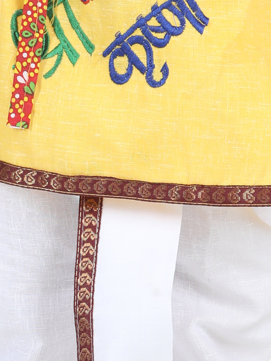 BownBee Full Sleeves Krishna Embroidery Detailing Kurta With Dhoti & Bansuri Mukut With Belt - Yellow