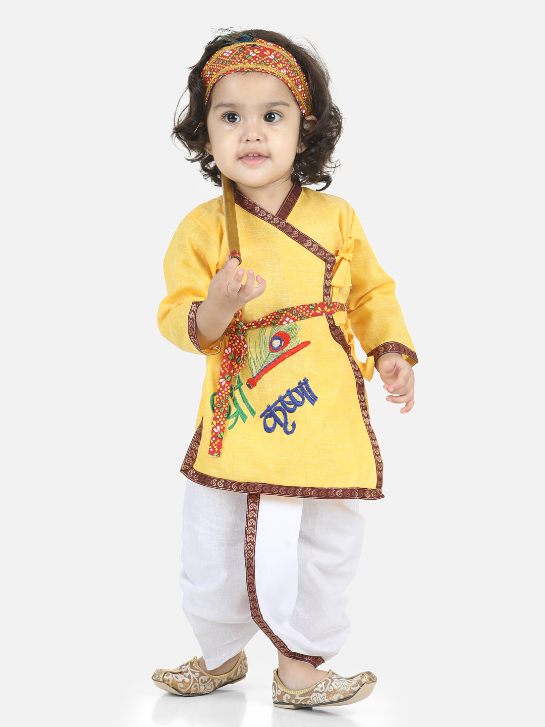 BownBee Full Sleeves Krishna Embroidery Detailing Kurta With Dhoti & Bansuri Mukut With Belt - Yellow