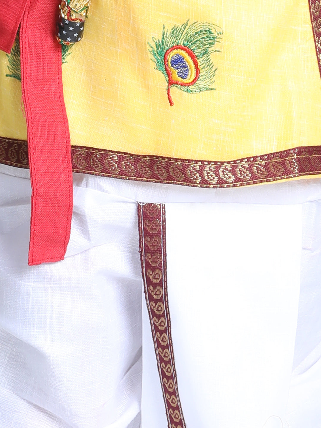 BownBee Full Sleeves Peacock Embroidered Kurta With Dhoti  & Basuri With Mukut & Band - Yellow