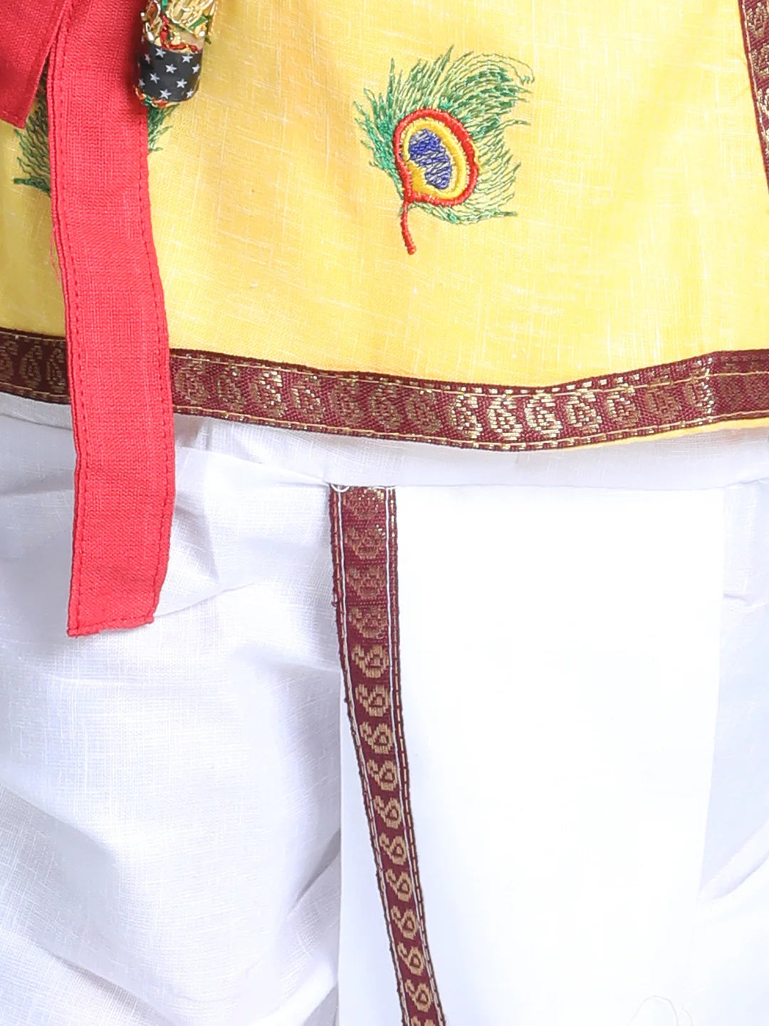 BownBee Full Sleeves Peacock Embroidered Kurta With Dhoti  & Basuri With Mukut & Band
