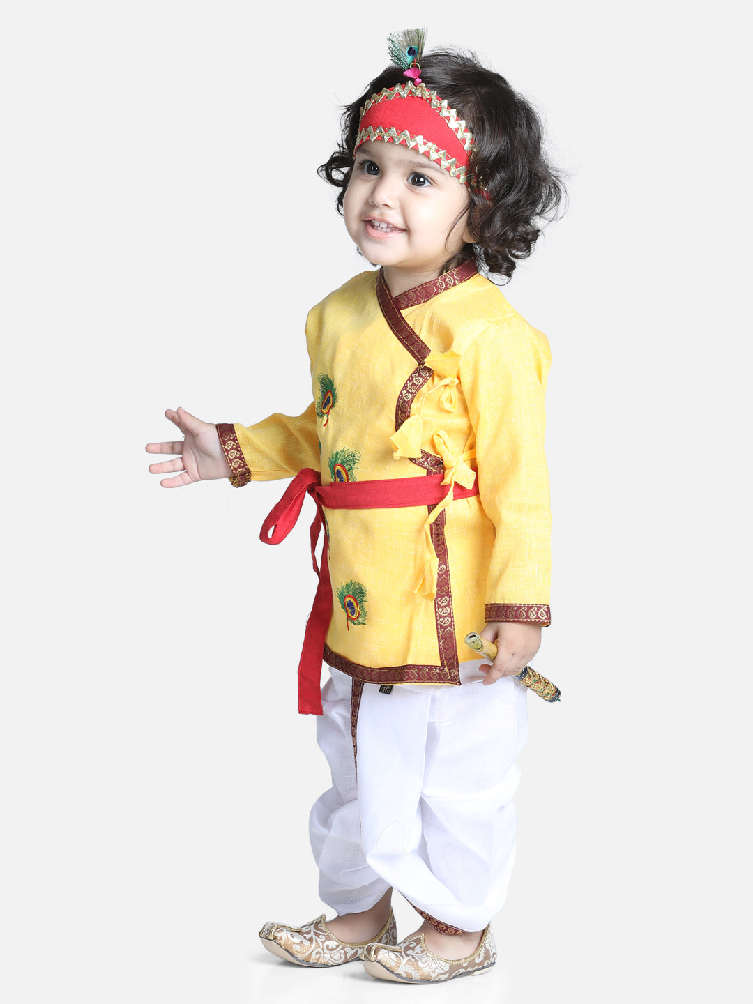 BownBee Full Sleeves Peacock Embroidered Kurta With Dhoti  & Basuri With Mukut & Band - Yellow