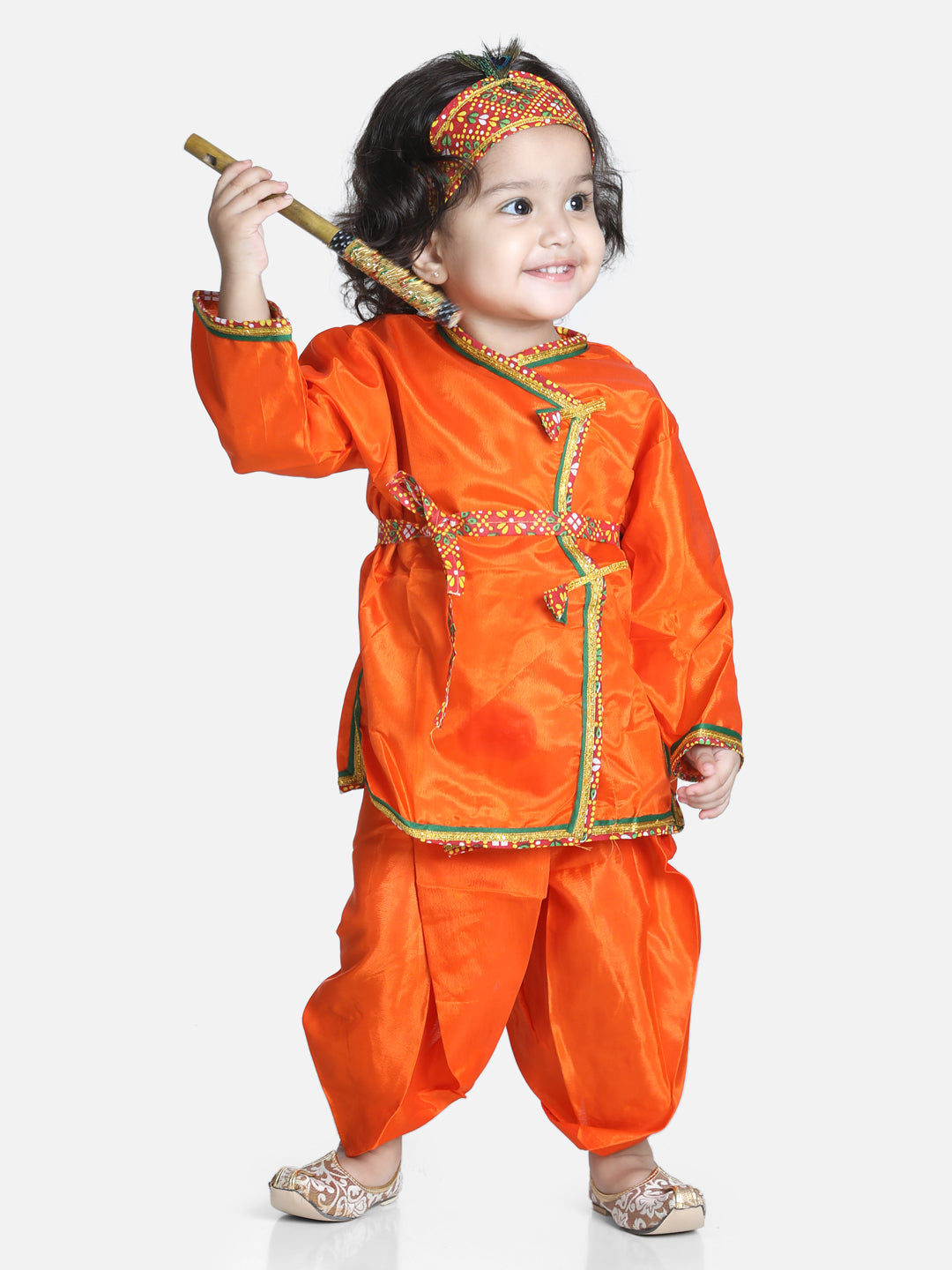 BownBee Full Sleeves Kanhaiya Suit With Basuri & Mukut With Band - Orange