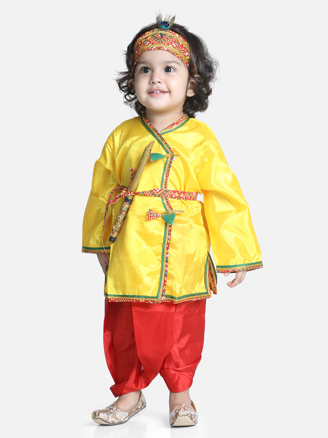 BownBee Full Sleeves Kanhaiya Suit With Basuri & Mukut With Band - Yellow Red