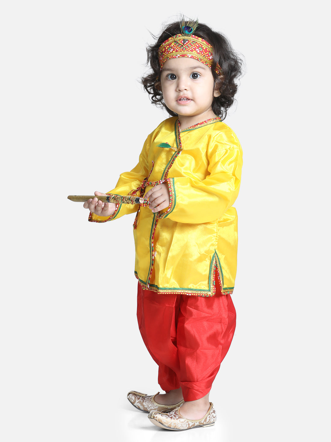 BownBee Full Sleeves Kanhaiya Suit With Basuri & Mukut With Band - Yellow Red
