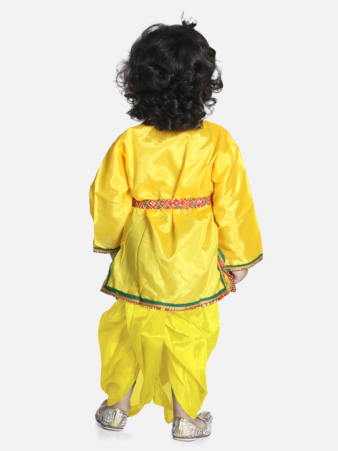 BownBee Full Sleeves Solid Colour Kurta With Dhoti & Bansuri Mukut With Belt - Yellow