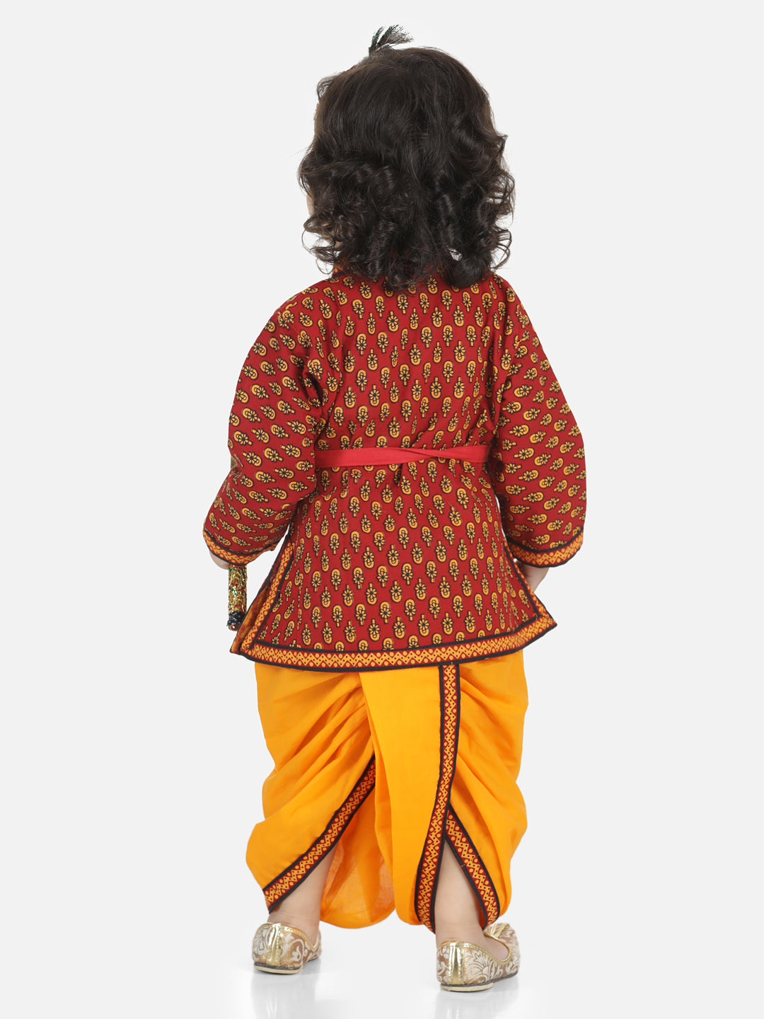 BownBee Cotton Full Sleeves Kanhaiya Hindi Shri Krishna Kurta & Dhoti - Red & Yellow