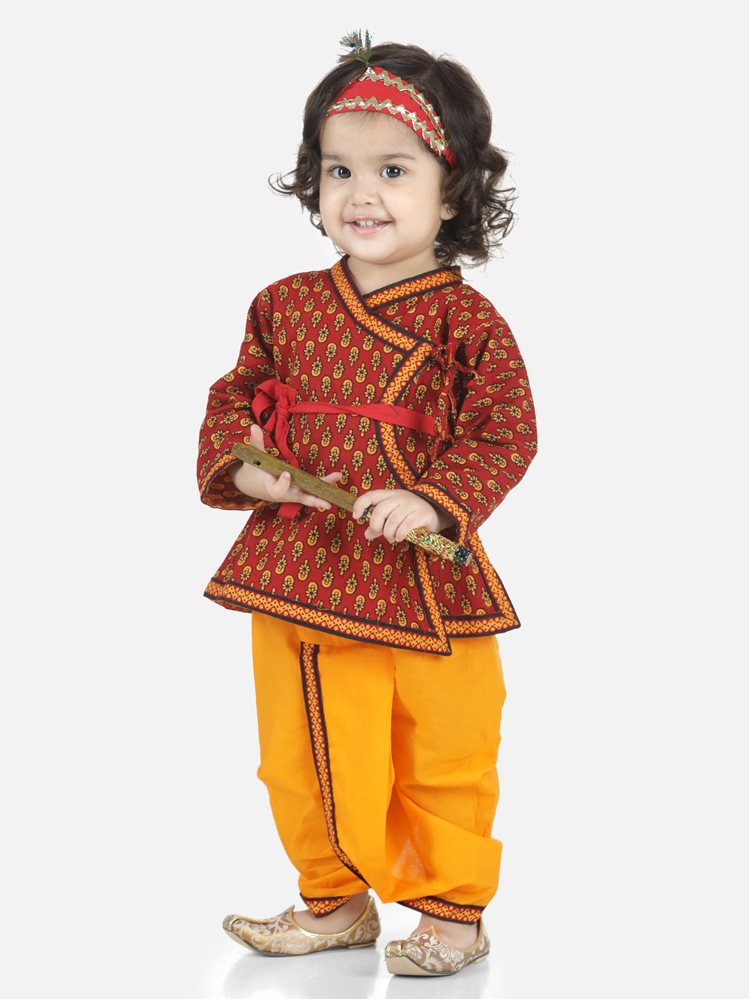 BownBee Cotton Full Sleeves Kanhaiya Hindi Shri Krishna Kurta & Dhoti - Red & Yellow