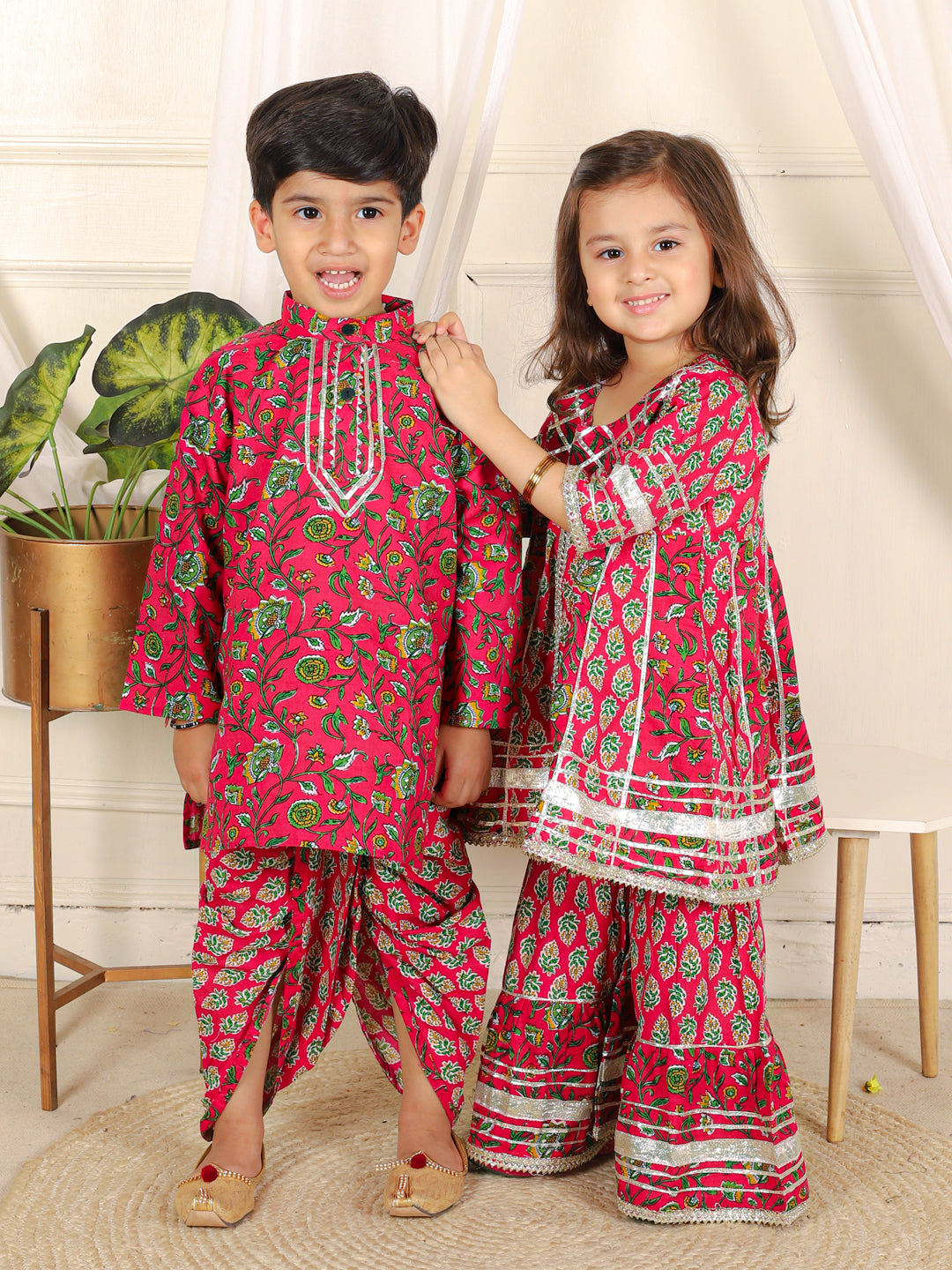 BownBee Sibling Pure Cotton Printed Kurta Sharara and Dhoti Kurta Set- Pink