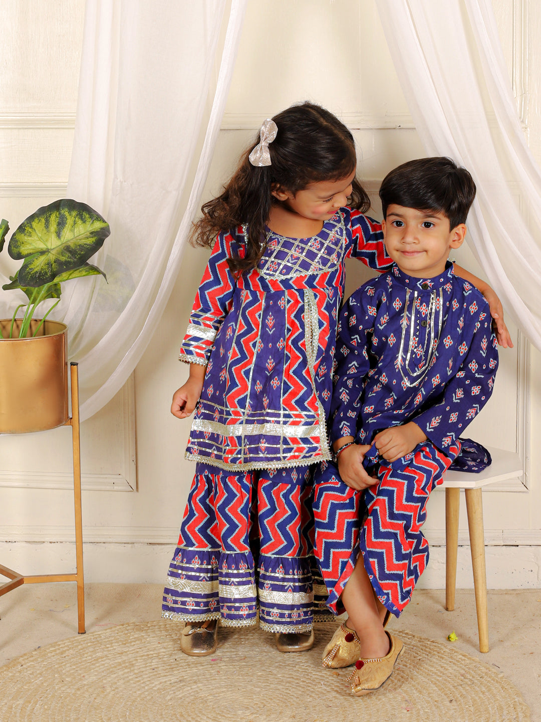 BownBee Sibling Pure Cotton Printed Kurta Sharara and Dhoti kurta set - Purple