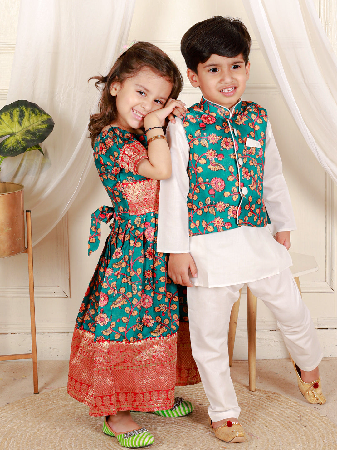 BownBee Kalamkari Print Party Dress Gown for Girls and Printed Jacket with Kurta Pajama for Boys- Green