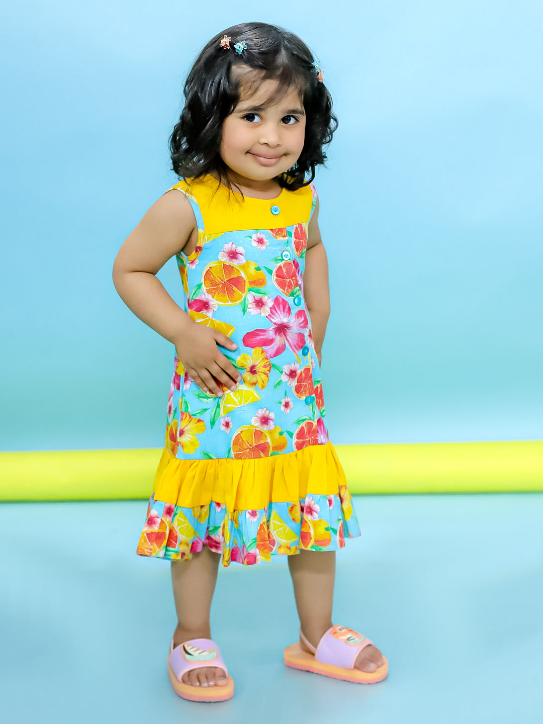 BownBee Sunny Citrus Shirt & Shorts Set & Summer Dress Sibling Set - Blue (Pre-Order)