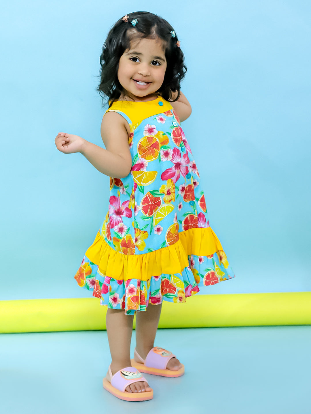 BownBee Sunny Citrus Shirt & Shorts Set & Summer Dress Sibling Set - Blue (Pre-Order)