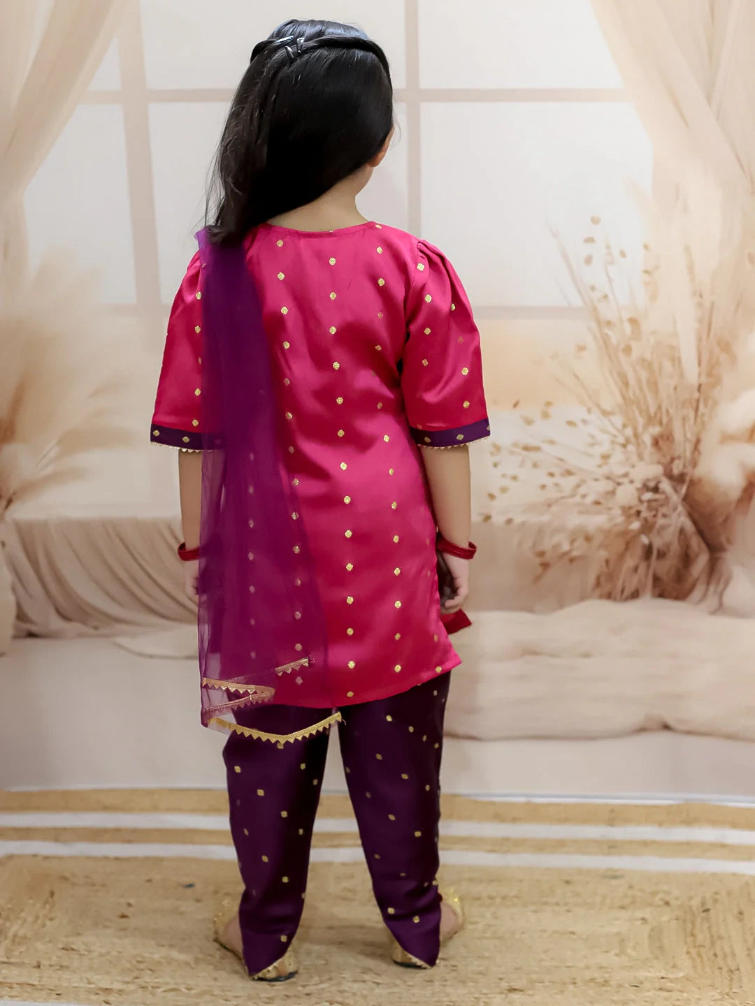 BownBee Dhunki Zari Kurta With Tulip Salwar With Net Dupatta Set For Girls