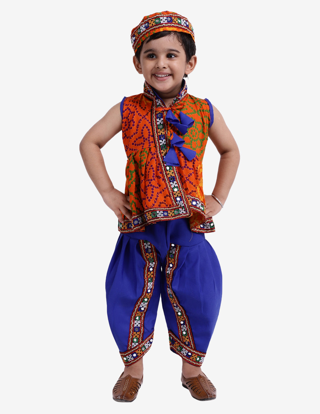 BownBee Kids Boys Navratri Dandiya  Garba Printed Navratri Kedia Dhoti - Orange