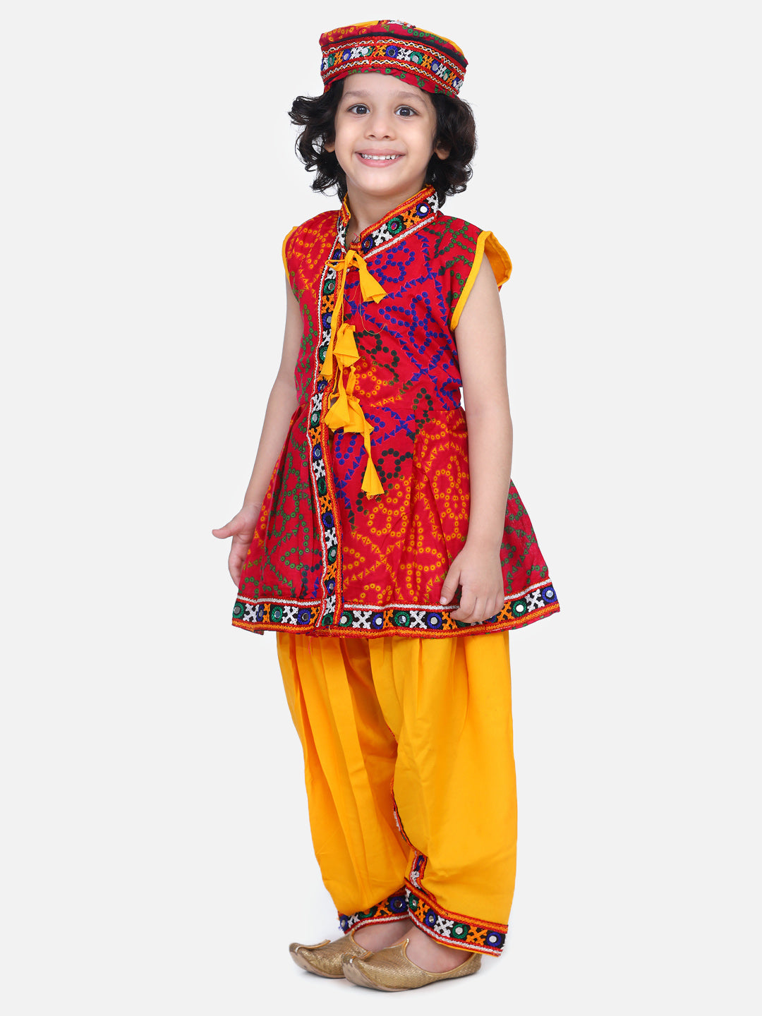BownBee Sibling Janmasthmi Embroidery Bandhani Halter Top With Dhoti and Printed Navratri Kedia Dhoti - Yellow