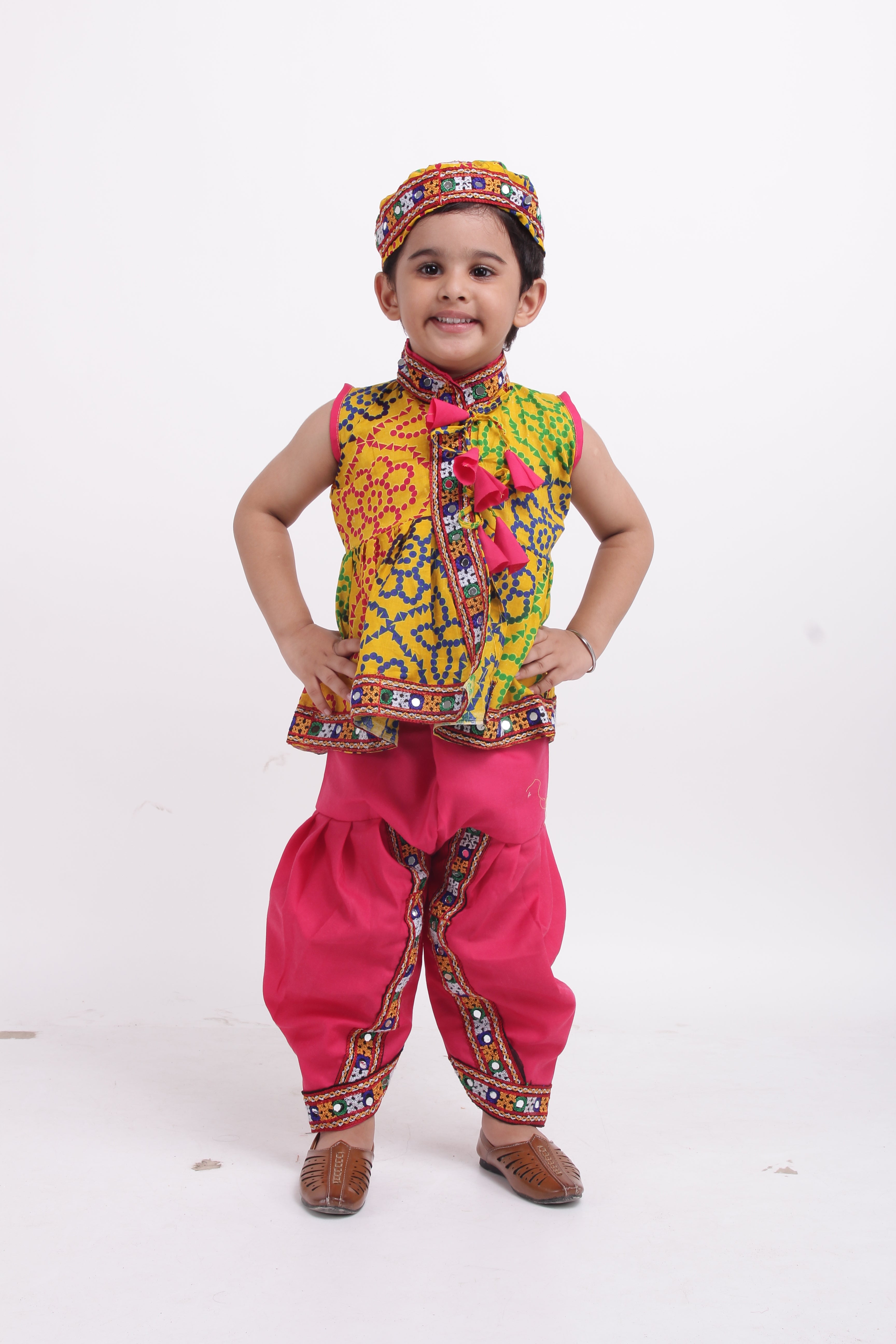 BownBee Printed Navratri Kedia Dhoti for Boys and Halter neck chaniya choli for Girls -Yellow