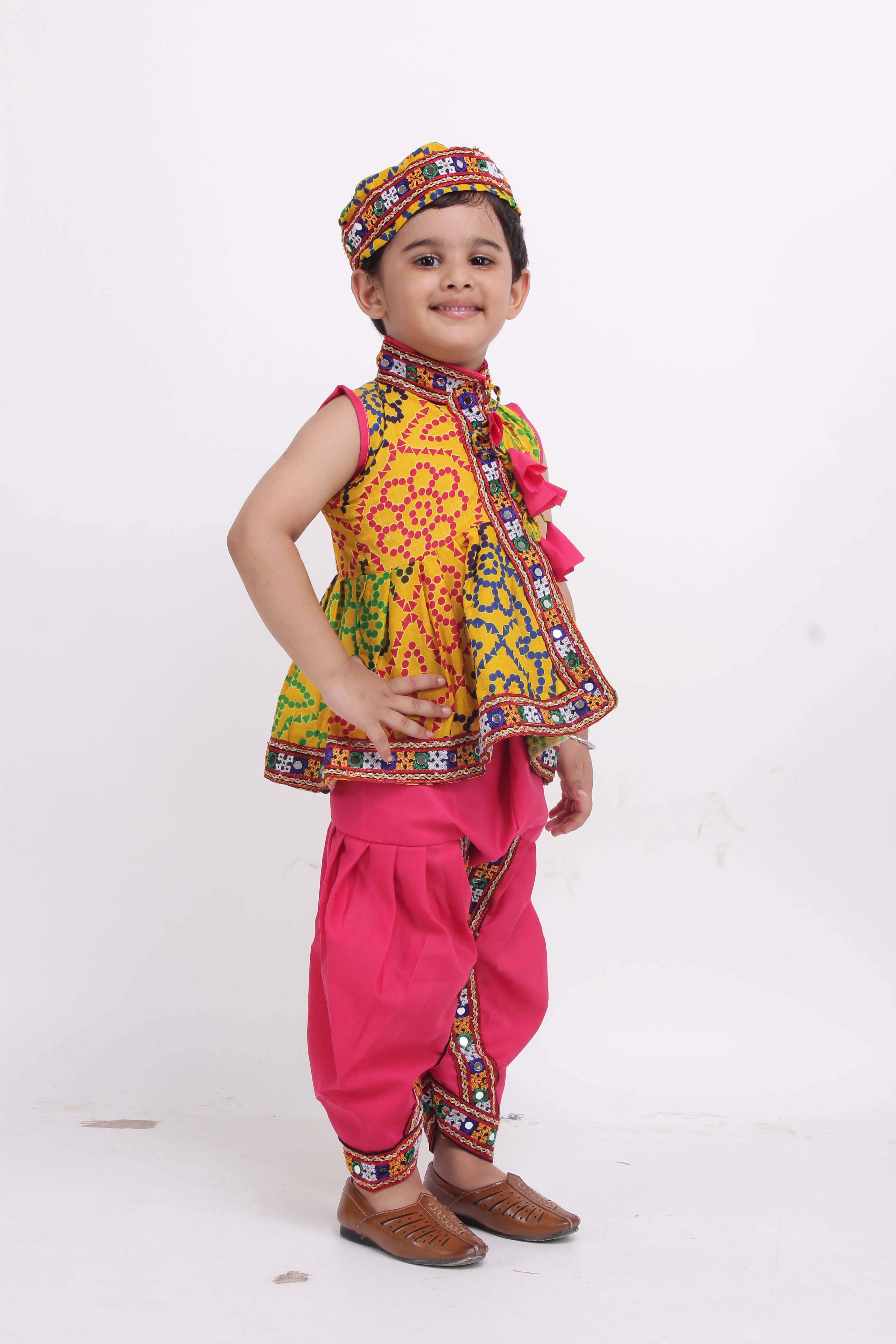 BownBee Printed Navratri Kedia Dhoti for Boys and Halter neck chaniya choli for Girls -Yellow