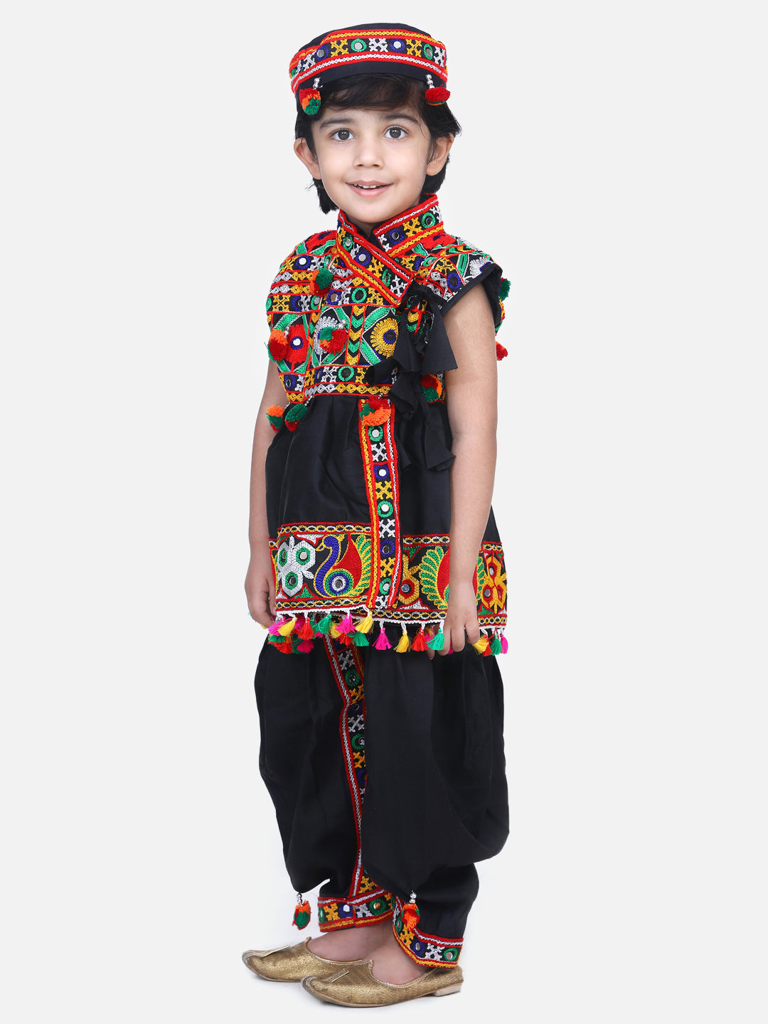 BownBee Kids Boys Navratri Dandiya  Garba Embroidered kediya with Dhoti and Cap - Black