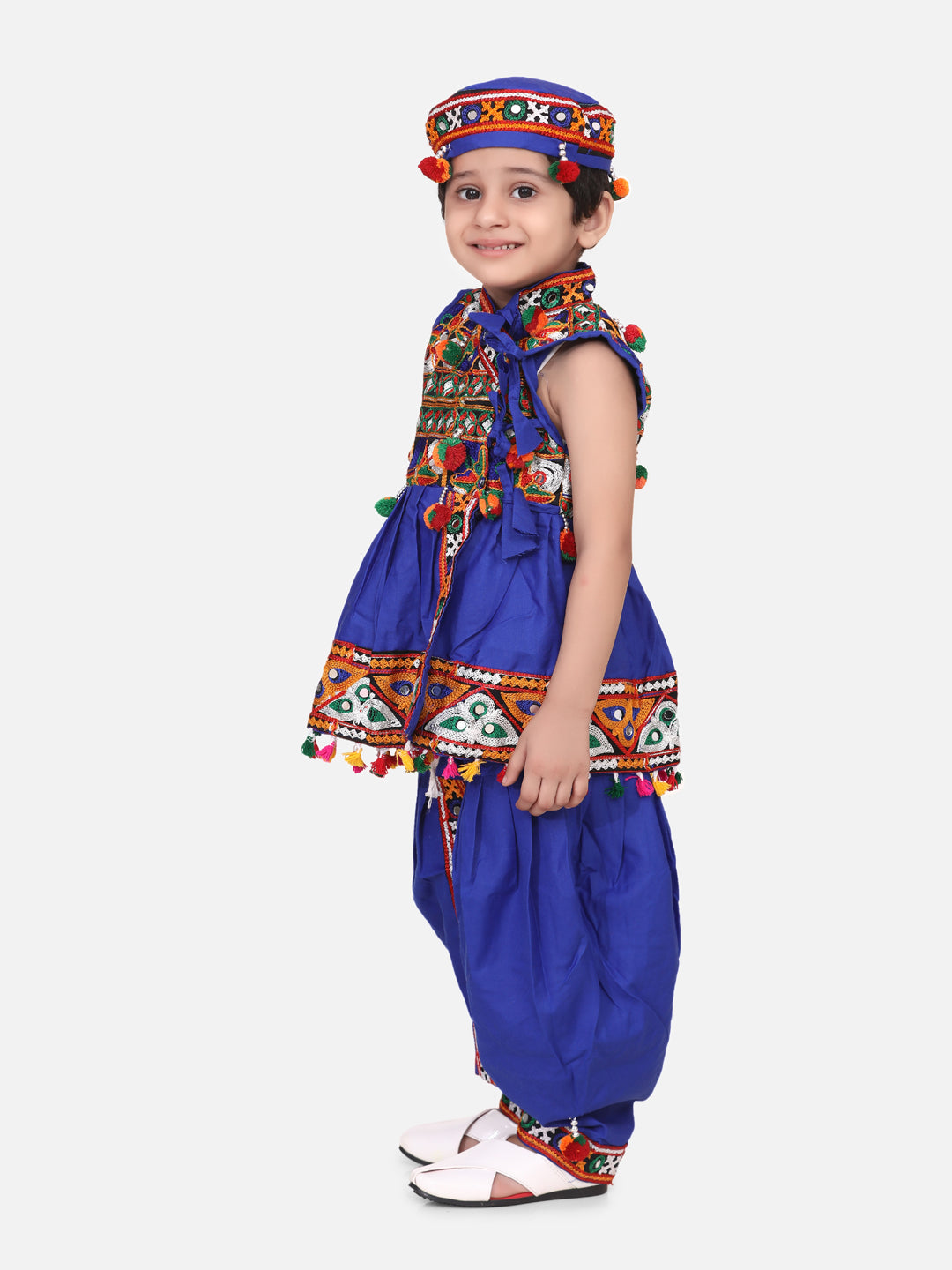 BownBee Kids Boys Navratri Dandiya  Garba Embroidered kediya with Dhoti and Cap - Blue