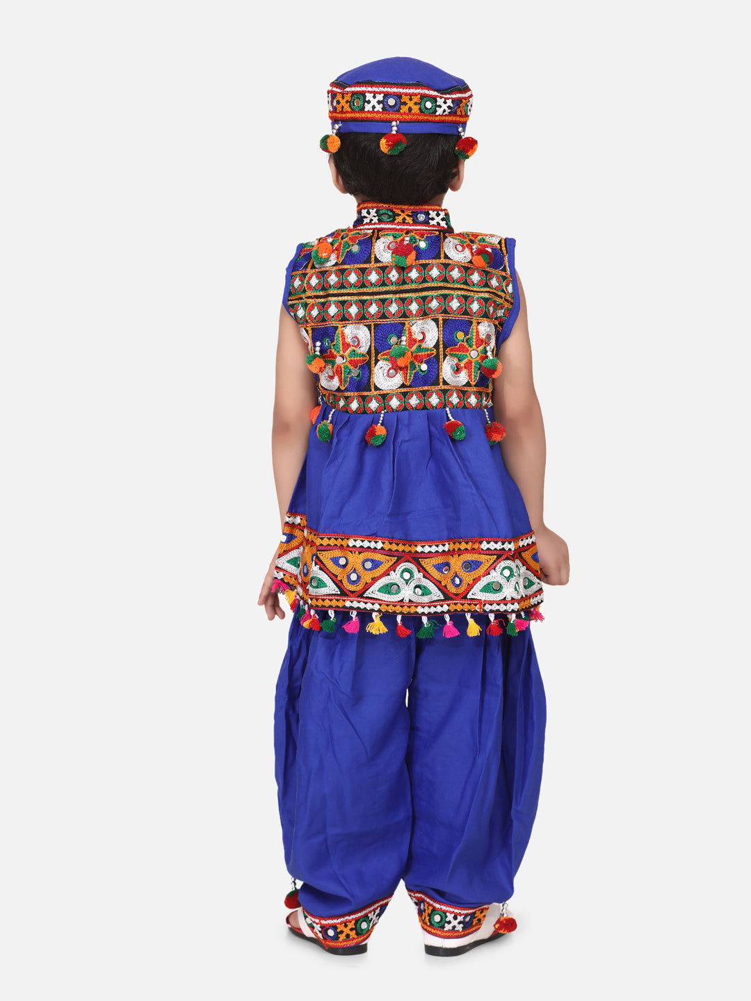 BownBee Kids Boys Navratri Dandiya  Garba Embroidered kediya with Dhoti and Cap - Blue