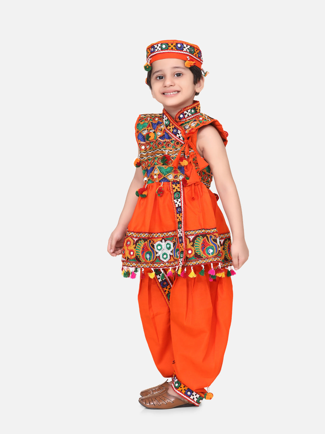 BownBee Kids Boys Navratri Dandiya  Garba Embroidered kediya with Dhoti and Cap - Orange