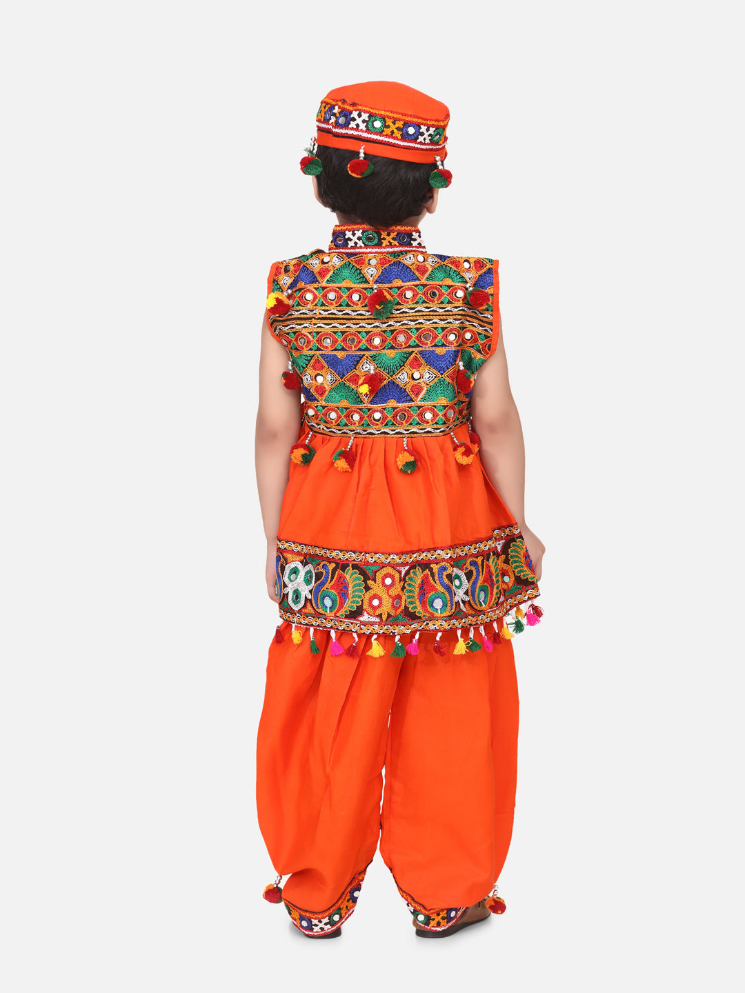 BownBee Kids Boys Navratri Dandiya  Garba Embroidered kediya with Dhoti and Cap - Orange